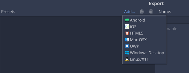 Godot की एक्सपोर्ट विंडो