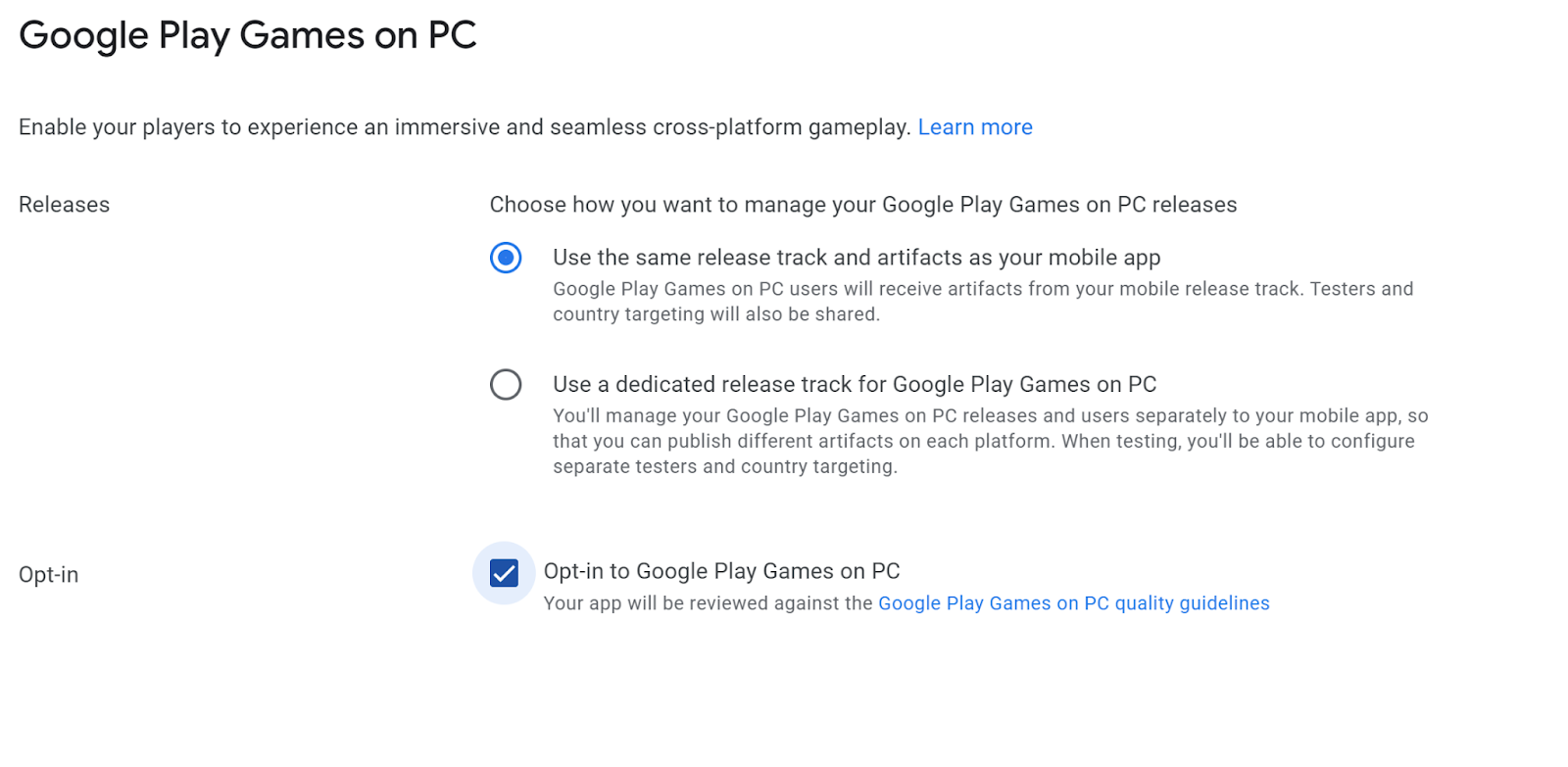 Google Play Games on PC के लिए, अलग ट्रैक का इस्तेमाल करना है या नहीं, यह चुनने का स्क्रीनशॉट