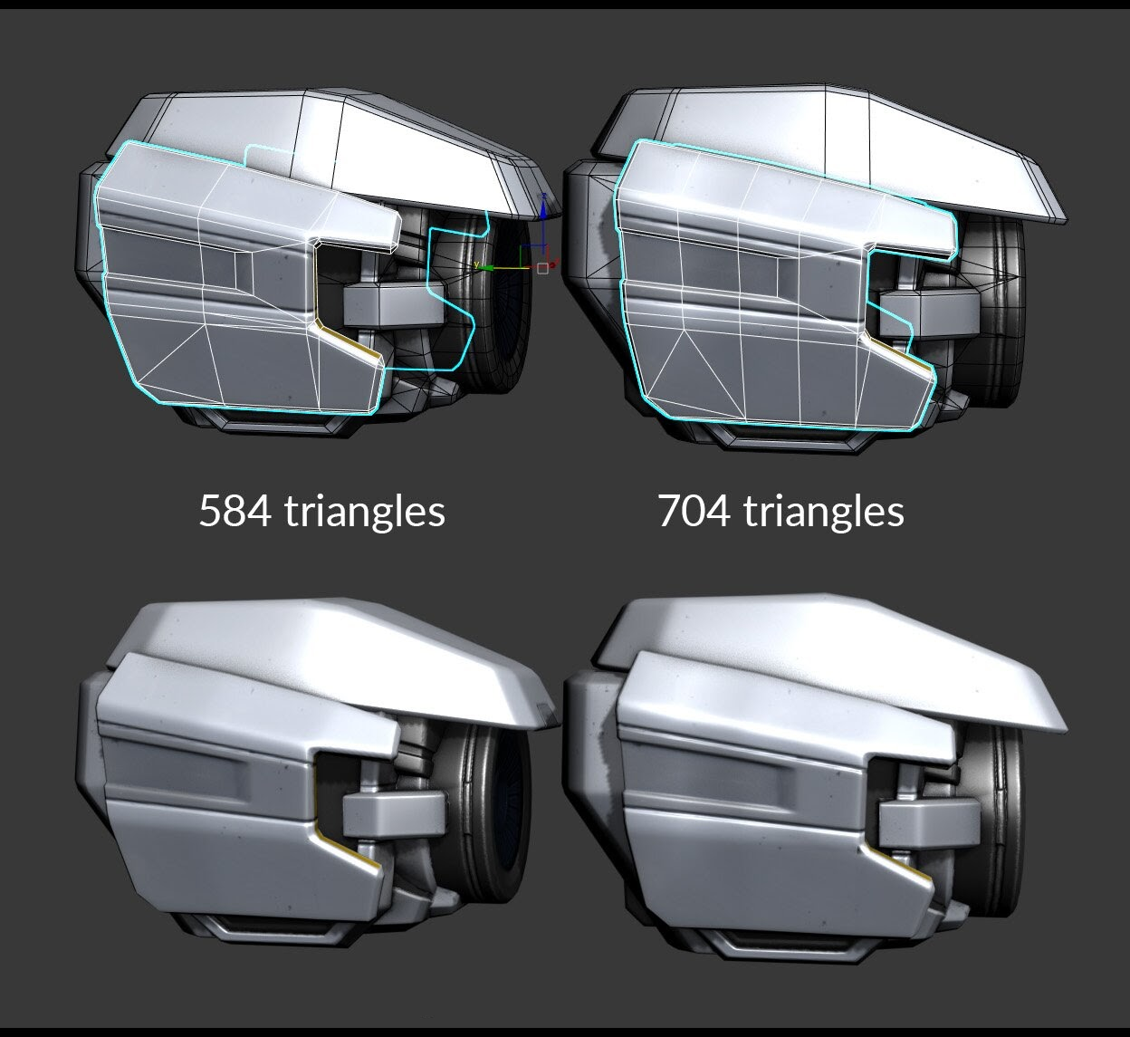 左侧的对象有 584 个三角形,而右侧的对象则有 704 个三角形。