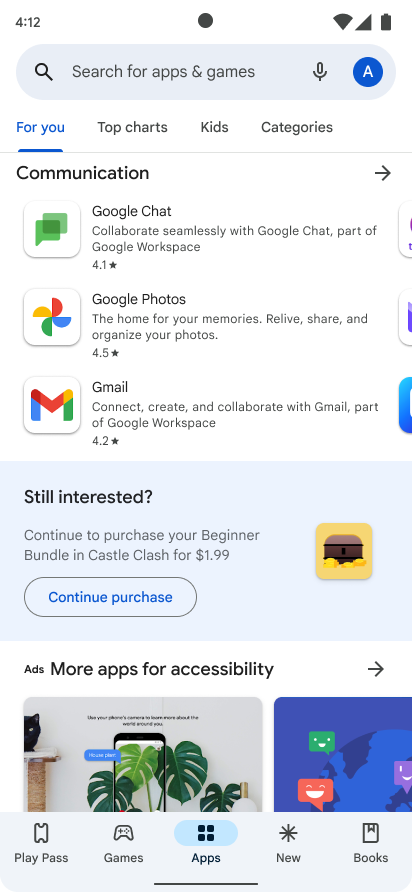 màn hình Cửa hàng Google Play cho thấy lời nhắc mua hàng cho một giao dịch mua bị bỏ dở trước đó