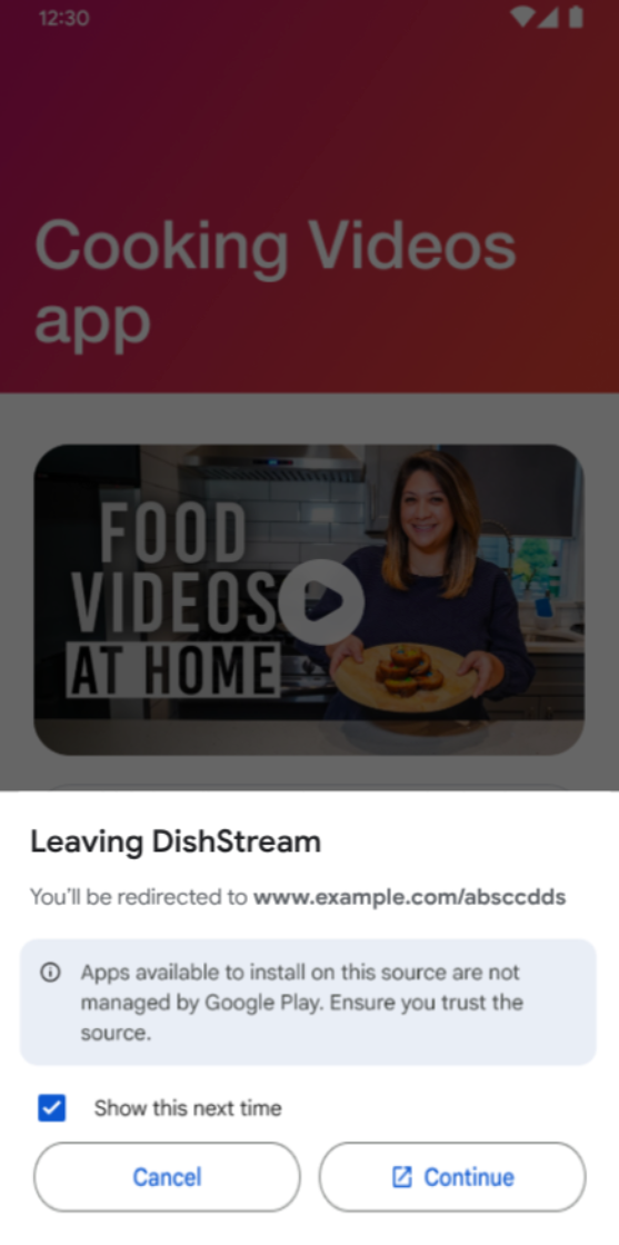 Se le muestra al usuario una pantalla de información antes de que se lo dirija fuera de la app.
