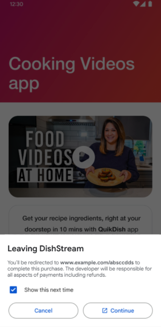 The user is shown an information screen before being directed outside of the app.