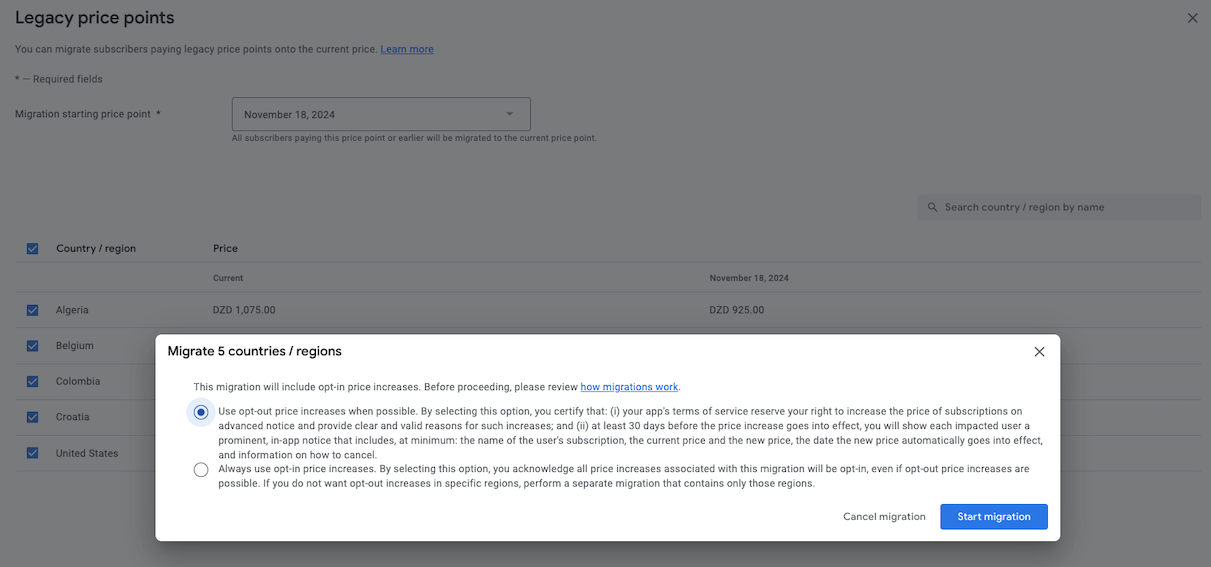 การย้ายข้อมูลกลุ่มประชากรตามรุ่นสำหรับราคาเดิมของ Google Play Console พร้อมการขึ้นราคาแบบไม่ได้ขอให้ผู้ใช้ยินยอม