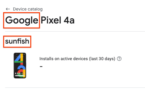 Página del Pixel 4a en el catálogo de dispositivos