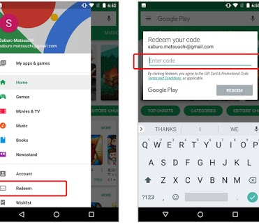 Menú Canjear en la app de Play Store