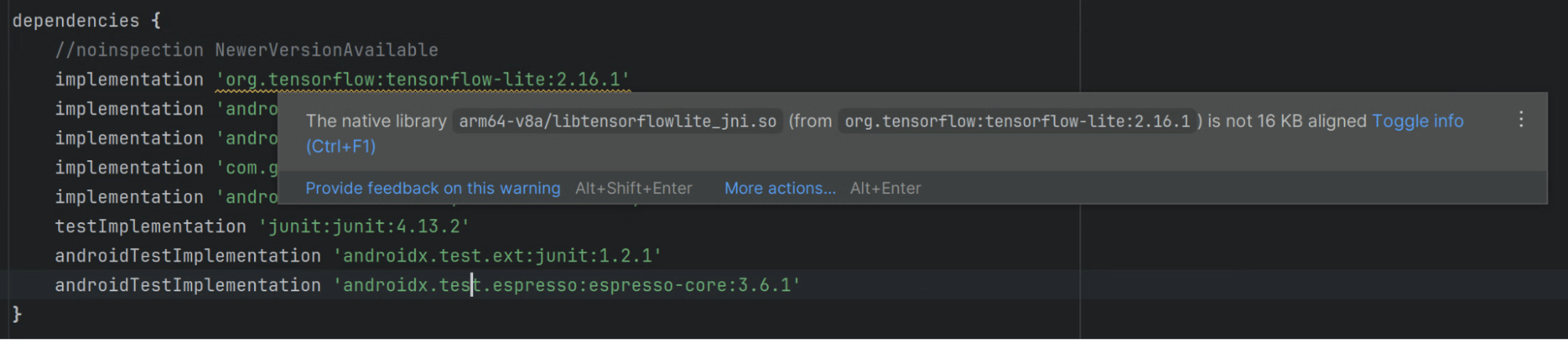 Studio linter warning about a non-aligned native library