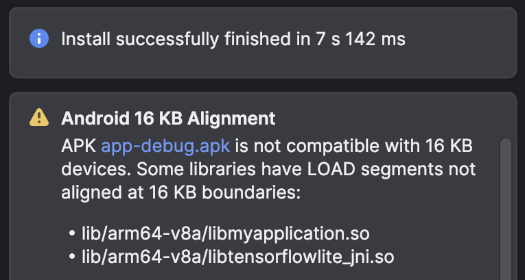 Studio warning notifications about alignment issues in a project