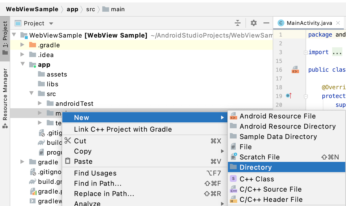 Ein Bild, auf dem die Menüs zum Erstellen von Einträgen in Android Studio zu sehen sind