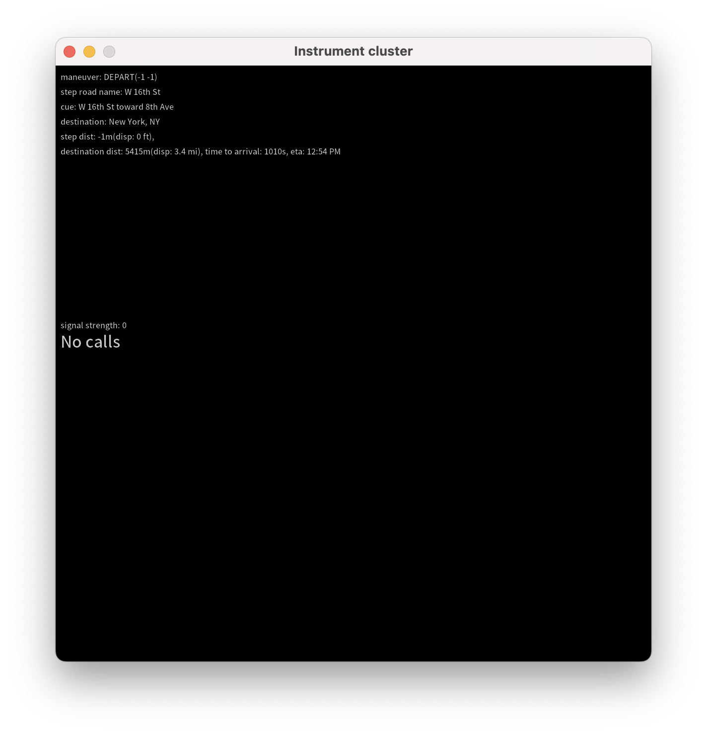 Fenêtre du cluster d'instruments de la DHU affichant des informations sur la navigation et l'état des appels