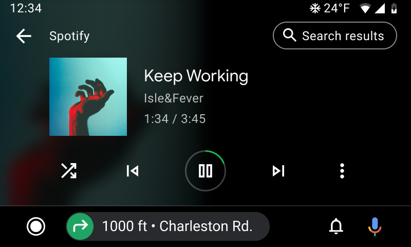 Playback view with a **Search results** option to view media items
related to the user's voice search