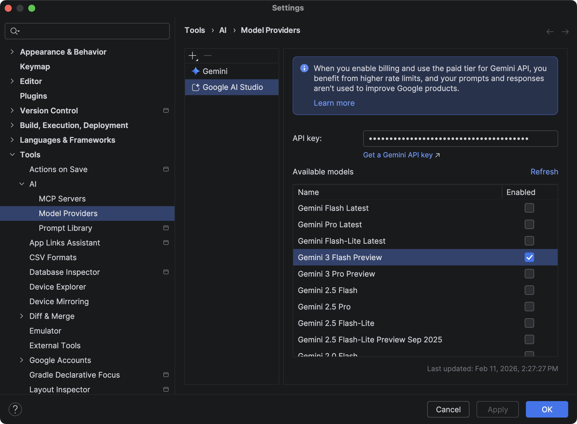 Android Studio সেটিংসে Tools > AI > Model Providers এর অধীনে একটি Google AI Studio API কী যোগ করা হচ্ছে।