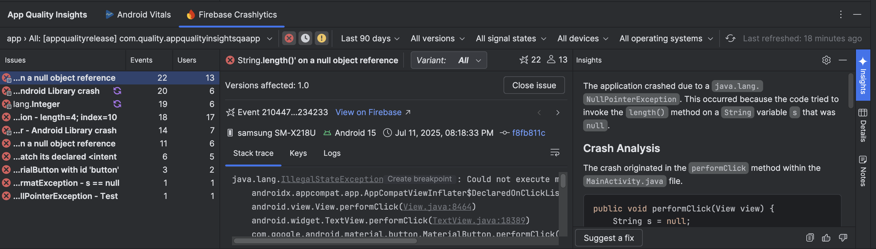Insights from Gemini in the App Quality Insights tool window