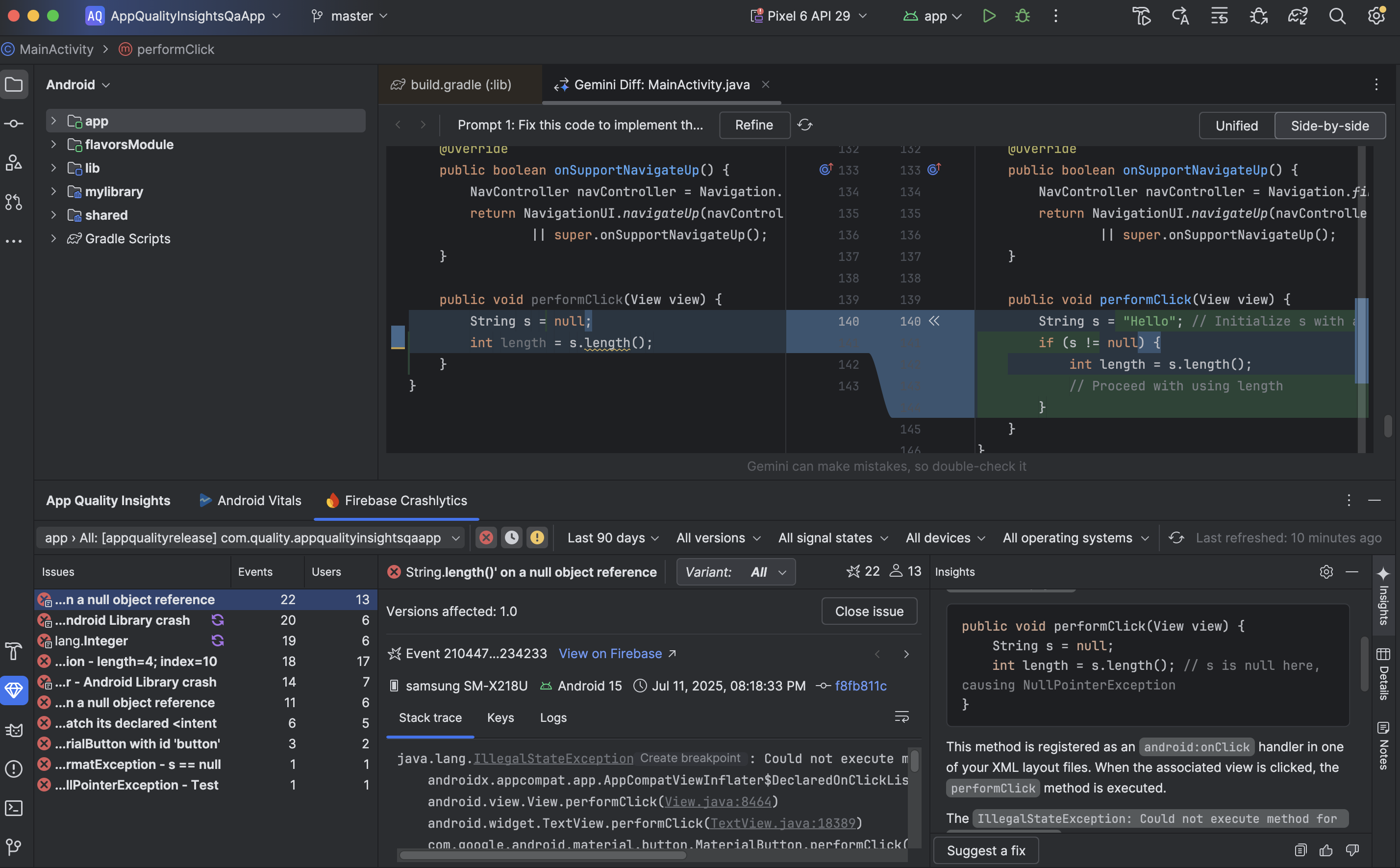 App Quality Insights 도구 창에서 Gemini가 제안한 수정사항