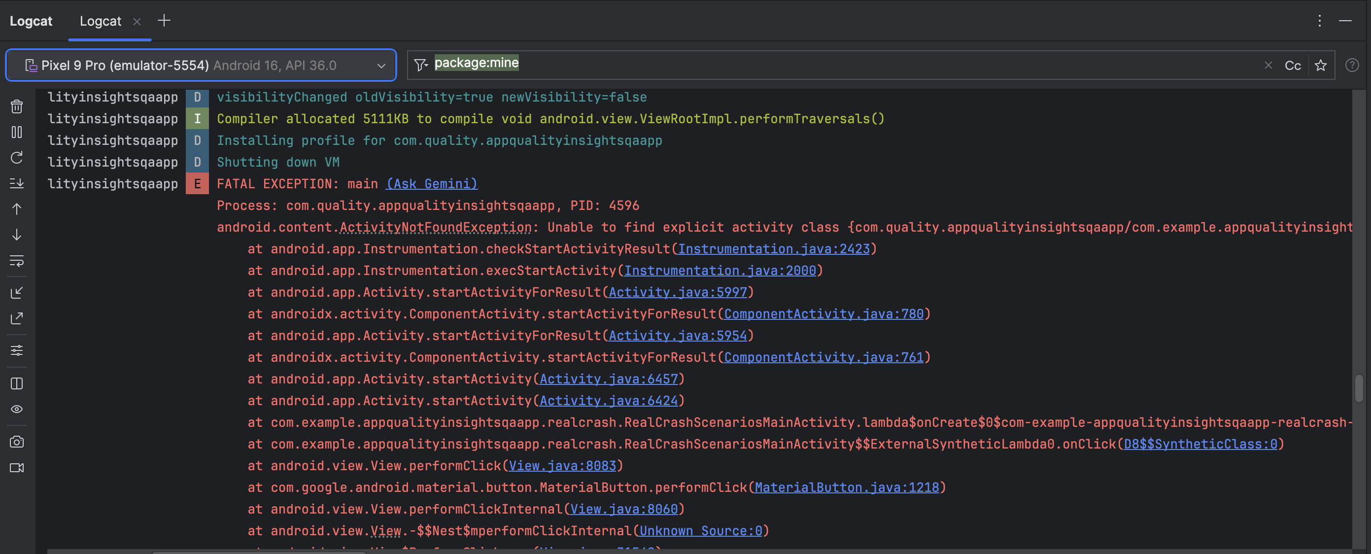 Ask Gemini option at the beginning of a Logcat stack trace