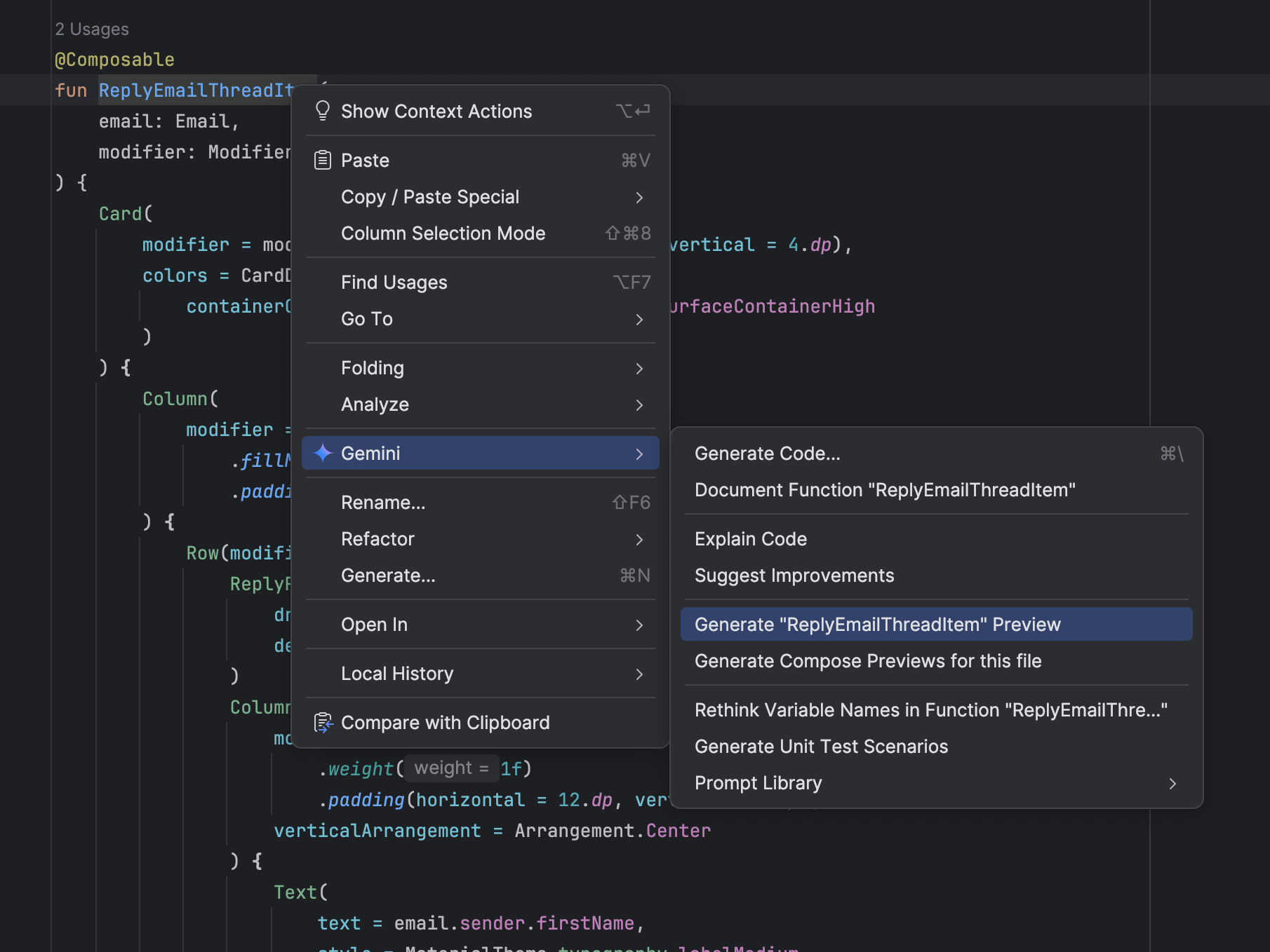 Generazione di anteprime di Compose con Gemini