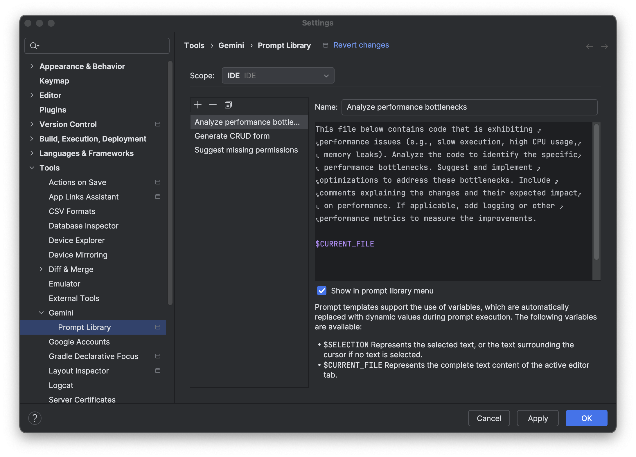 Library Perintah di Android Studio, yang menampilkan daftar perintah tersimpan.