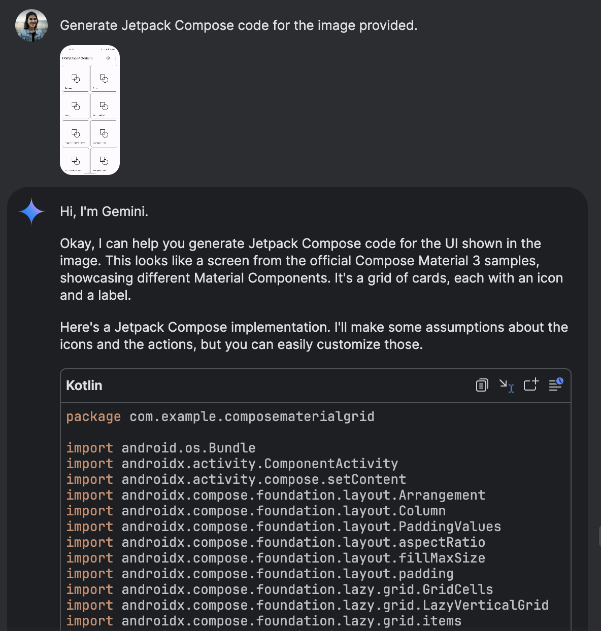 Interfaz de chat de Gemini que muestra el código de Jetpack Compose generado en función de una imagen.