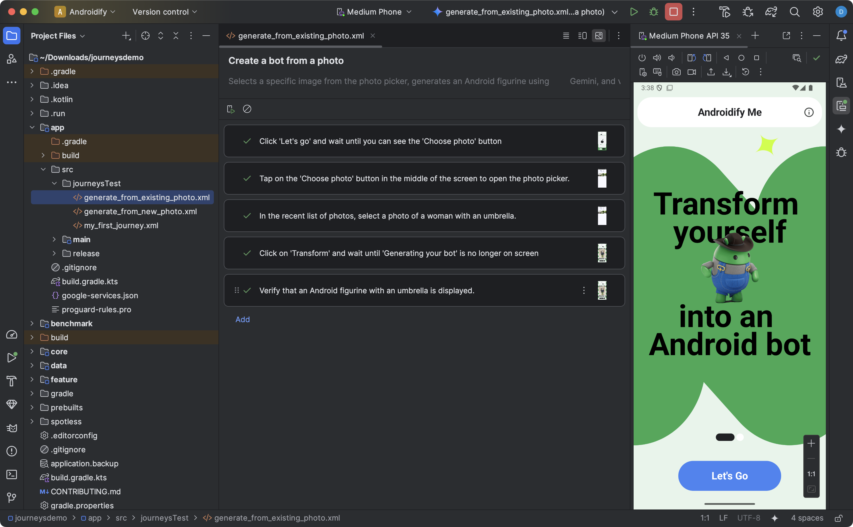 Android Studio 中的歷程編輯器，顯示含有歷程步驟的 XML 檔案。