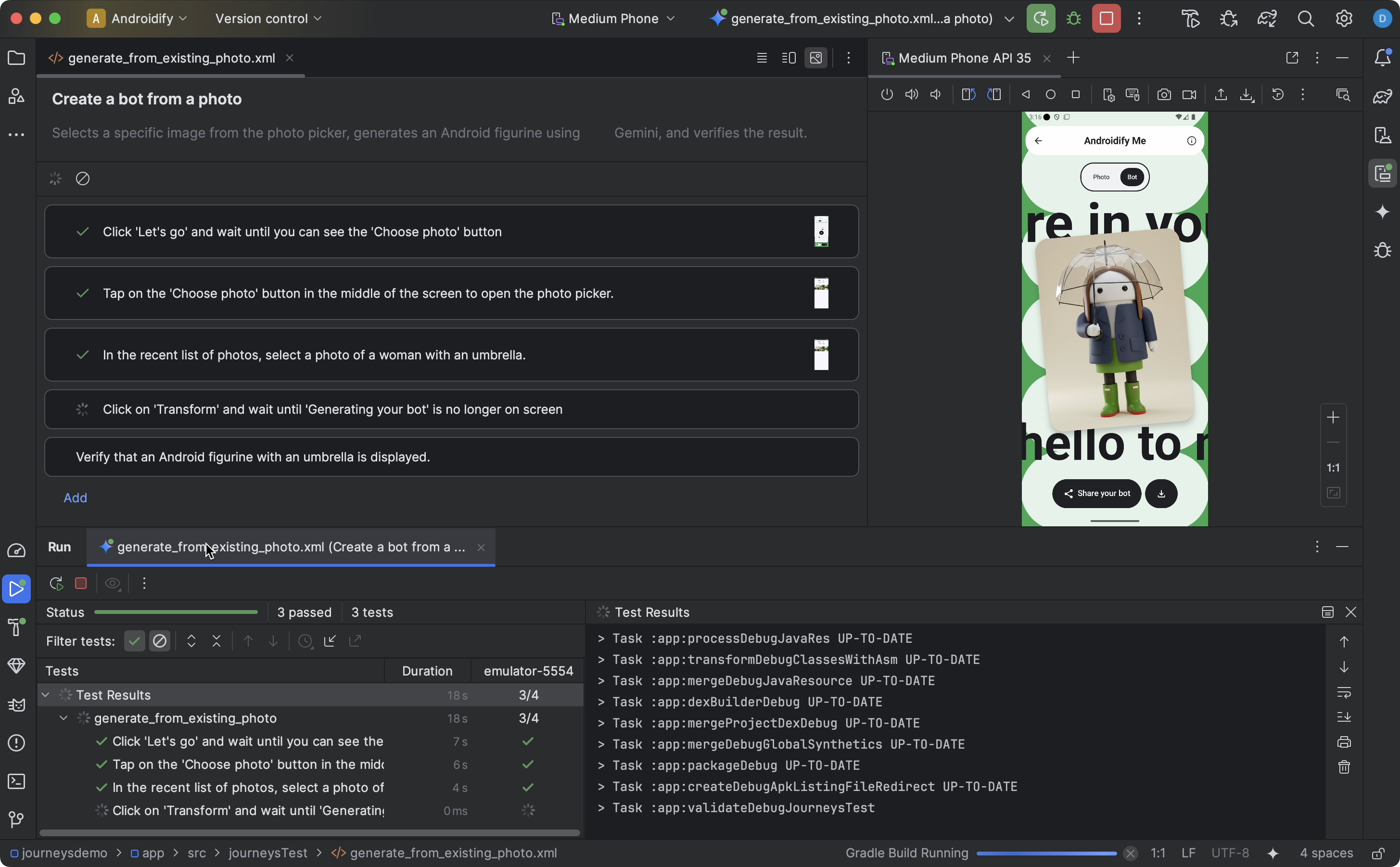 Android Studio menjalankan perjalanan, menandai pemilih perangkat dan ikon run di editor.