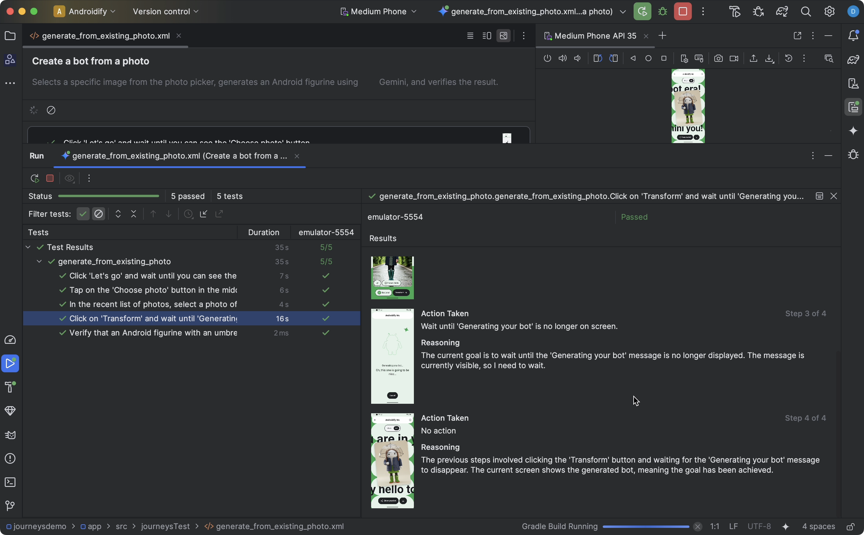 El panel de resultados de la prueba de recorrido en Android Studio, que muestra los detalles de los pasos y el razonamiento de Gemini.