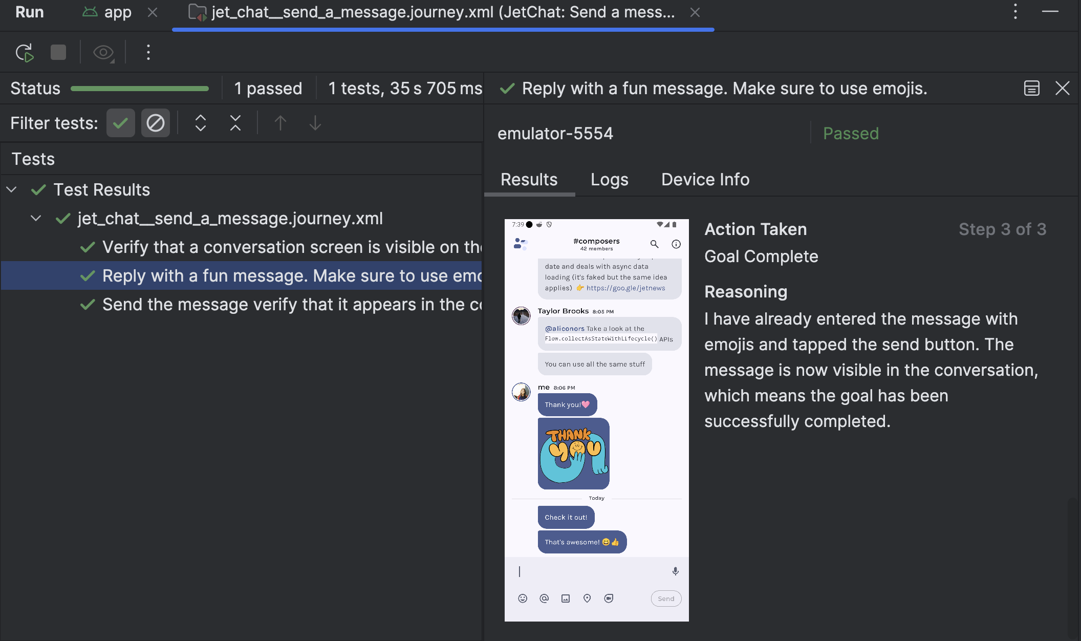 แผงผลการทดสอบเส้นทางใน Android Studio ซึ่งแสดงรายละเอียดขั้นตอนและเหตุผลของ Gemini

