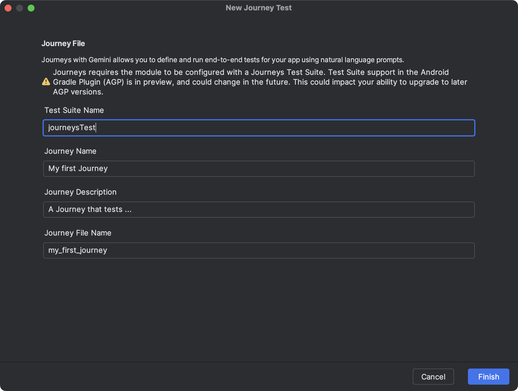 A dialog in Android Studio you use to create a journey file.