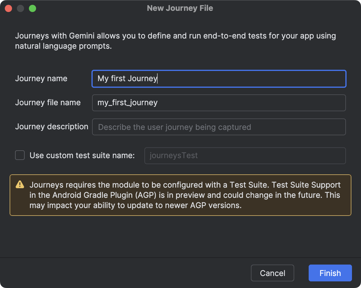 Boîte de dialogue d'Android Studio permettant de créer un fichier de parcours.