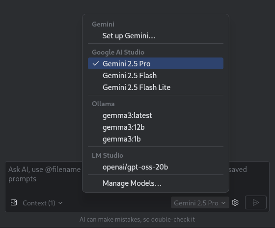 חלון הצ&#39;אט של Gemini ב-Android Studio שבו מוצג בורר המודלים עם אפשרויות ל-Gemini ולמודל מקומי.