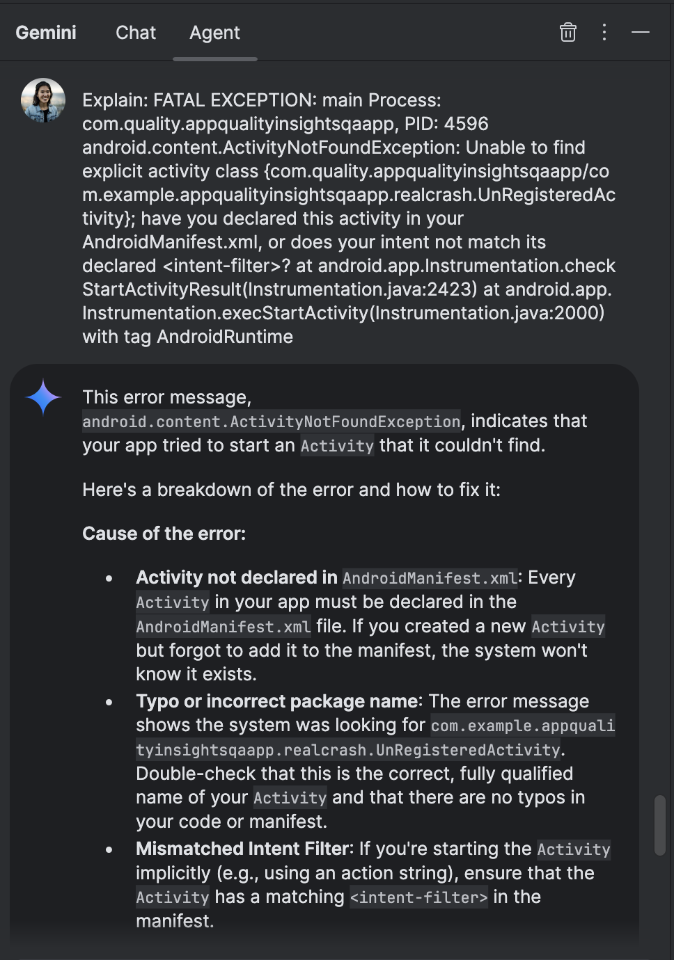 Gemini explique l'erreur Logcat