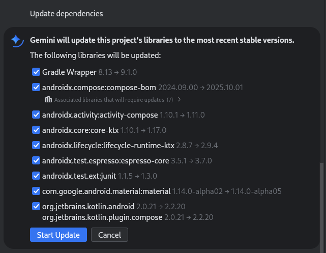 Lista bibliotek, które Gemini w Android Studio proponuje zaktualizować. Możesz odznaczyć elementy, aby usunąć je z aktualizacji.