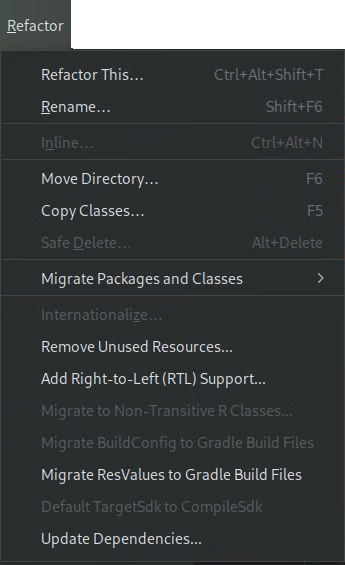 Menu "Refactor" (Refactoriser) affichant l'élément de menu "Update Dependencies" (Mettre à jour les dépendances).
