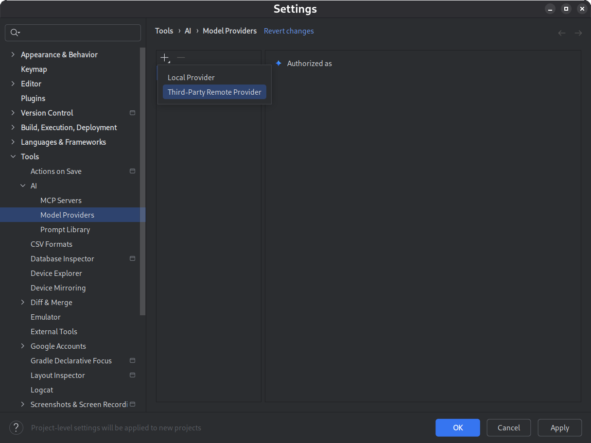 Dialog setelan dengan opsi Penyedia Lokal dan Penyedia Jarak Jauh Pihak Ketiga yang tersedia.