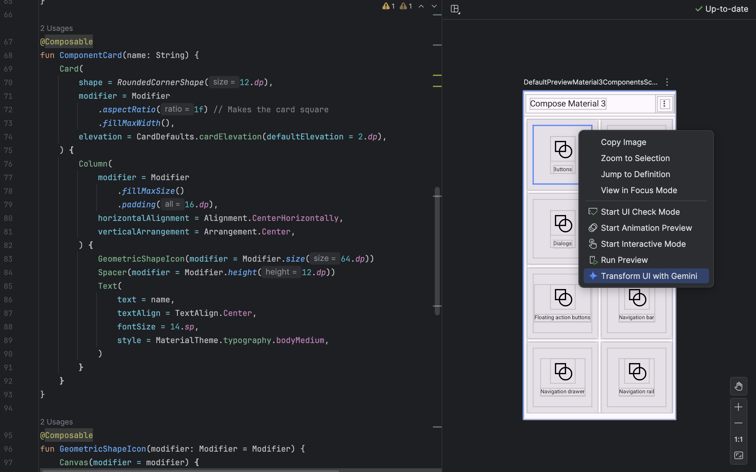 Android Studio que muestra una vista previa de Compose con un elemento de la IU seleccionado y el chat de Gemini.
