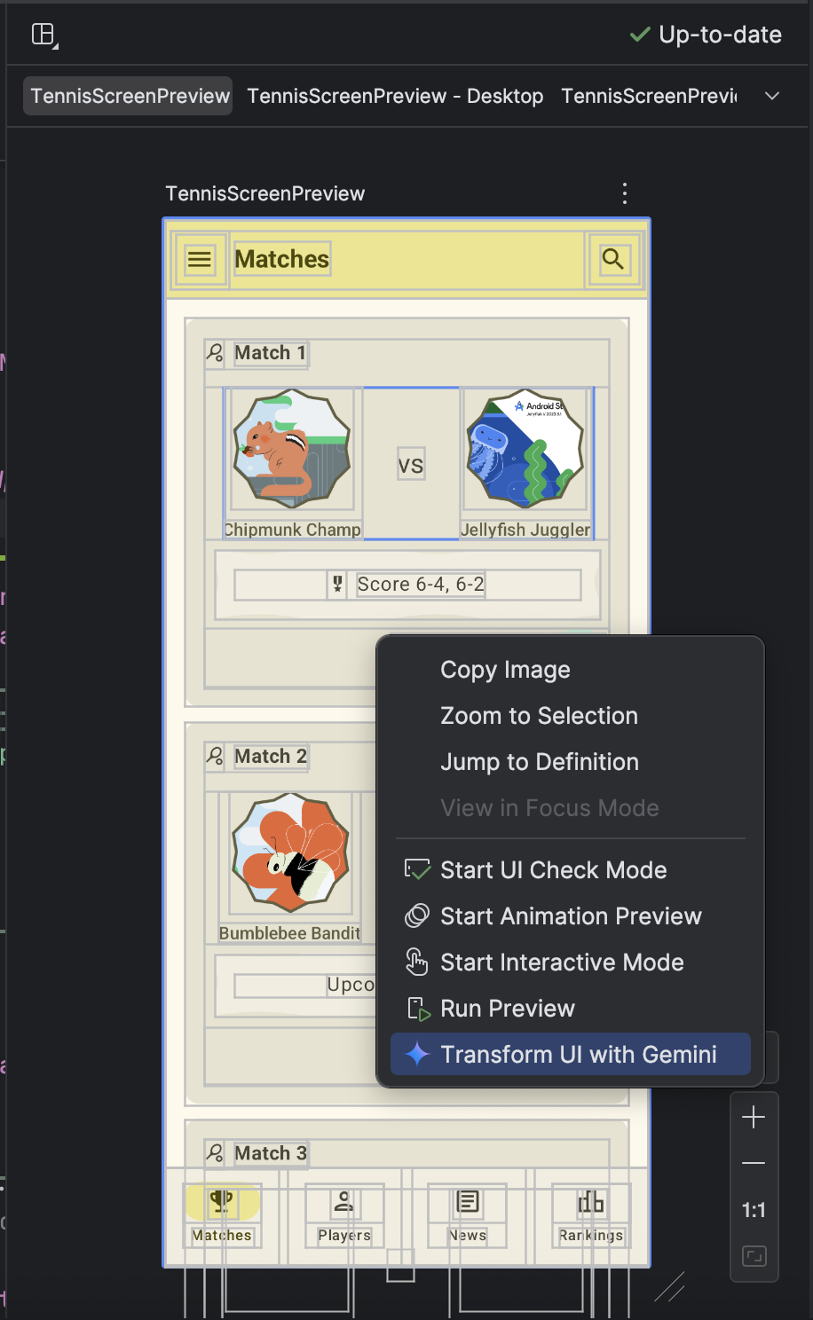 'Transform UI with Gemini' in context menu