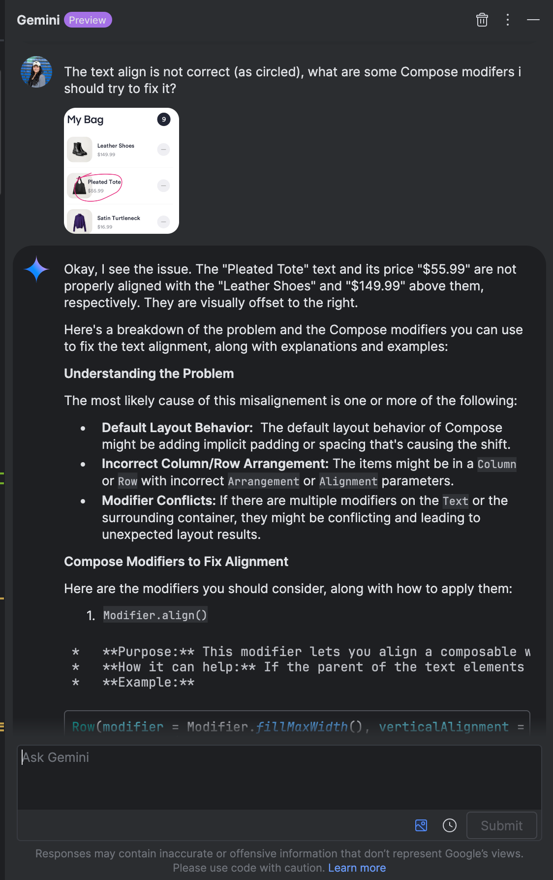 Capture d&#39;écran d&#39;une application mobile montrant un bug d&#39;UI où un élément de texte se chevauche ou est mal aligné, mis en évidence par un cercle rouge.