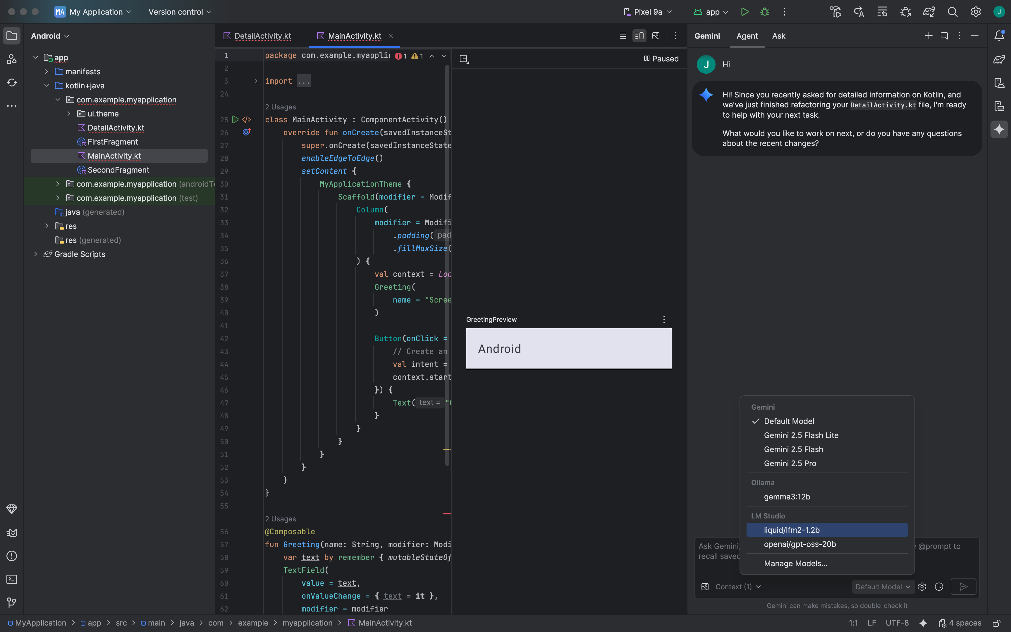 Janela de chat do Gemini no Android Studio mostrando o seletor de modelos com opções para o Gemini e um LLM local.