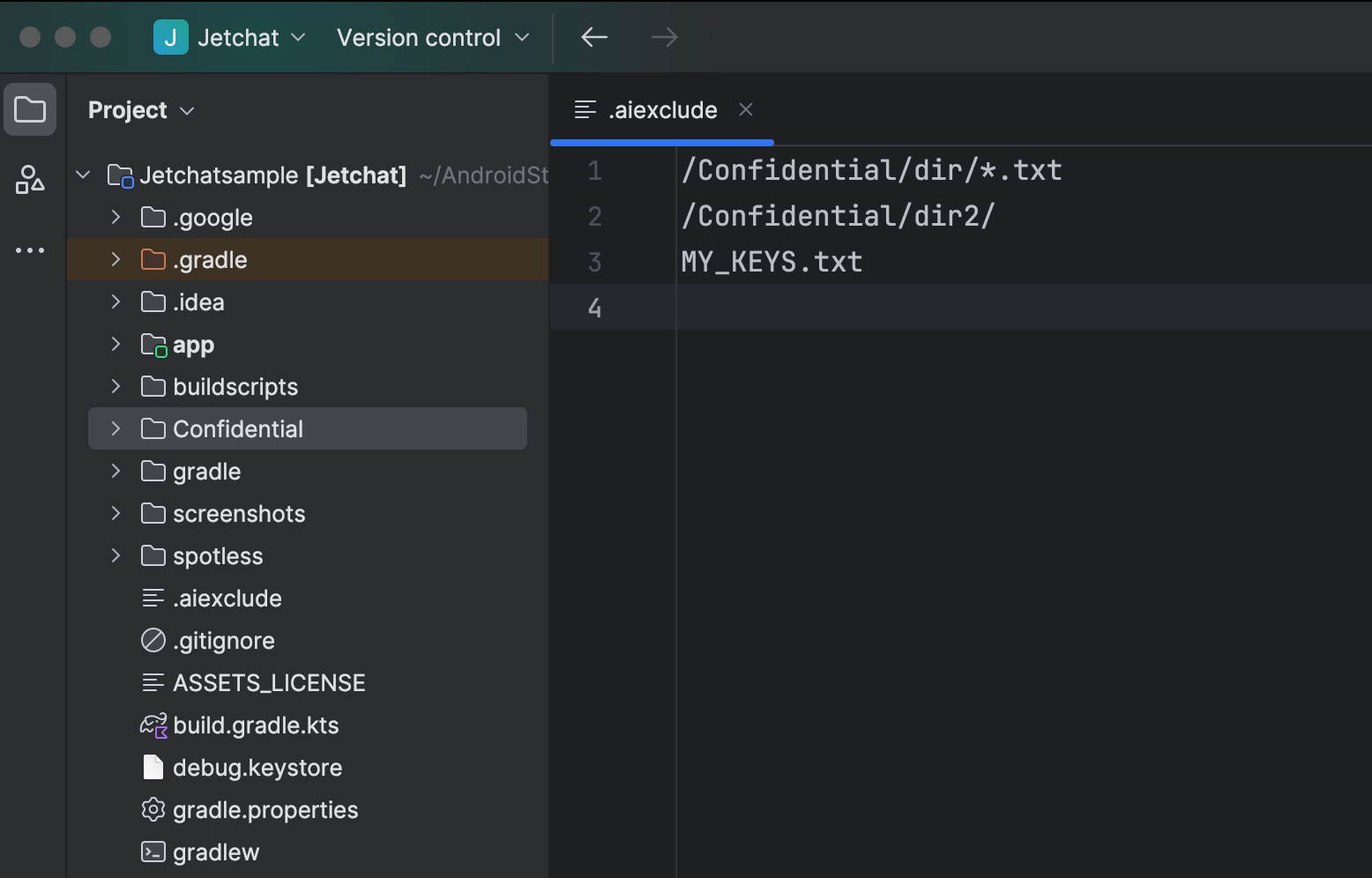 Exemple de fichier `.aiexclude` dans Android Studio.