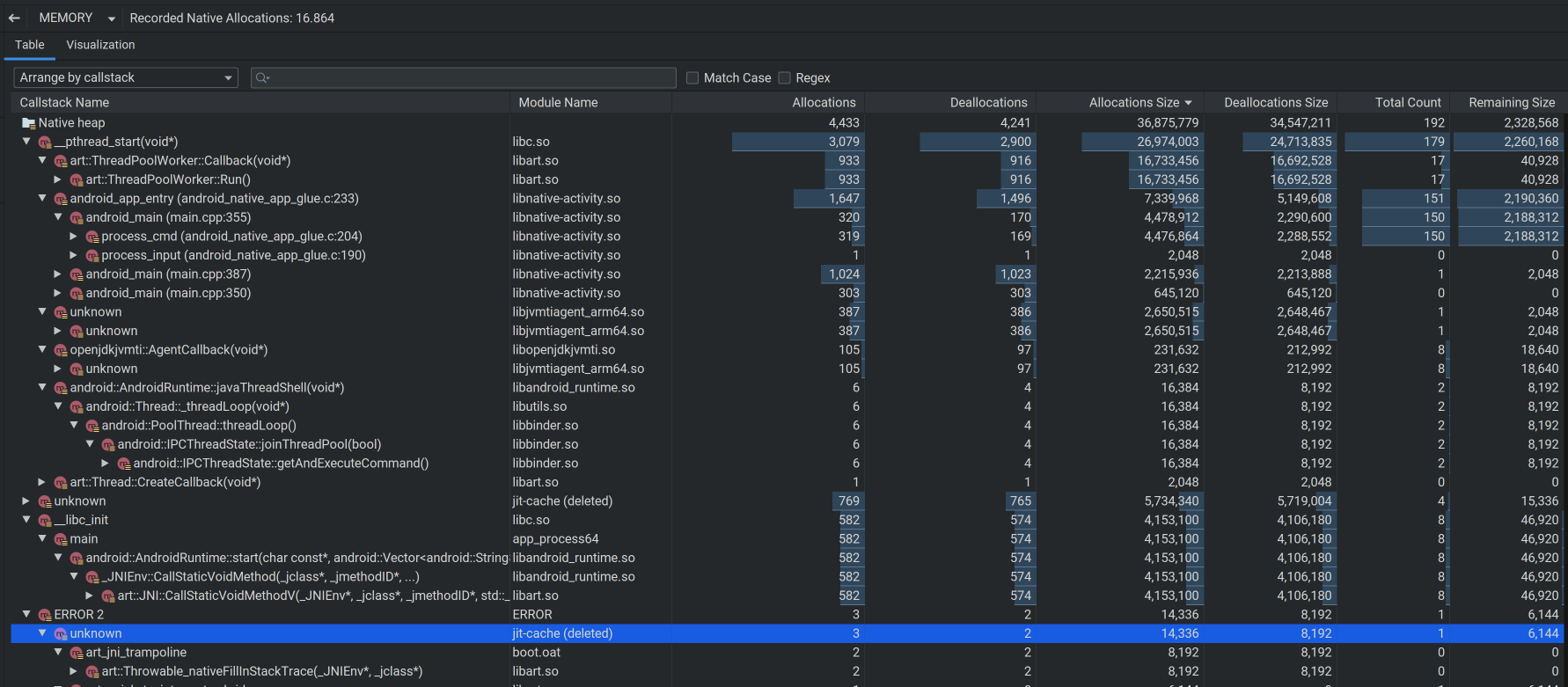 การบันทึกใน Native Memory Profiler