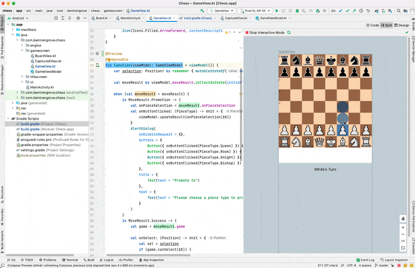 Użytkownik wchodzi w interakcję z podglądem w Android Studio.