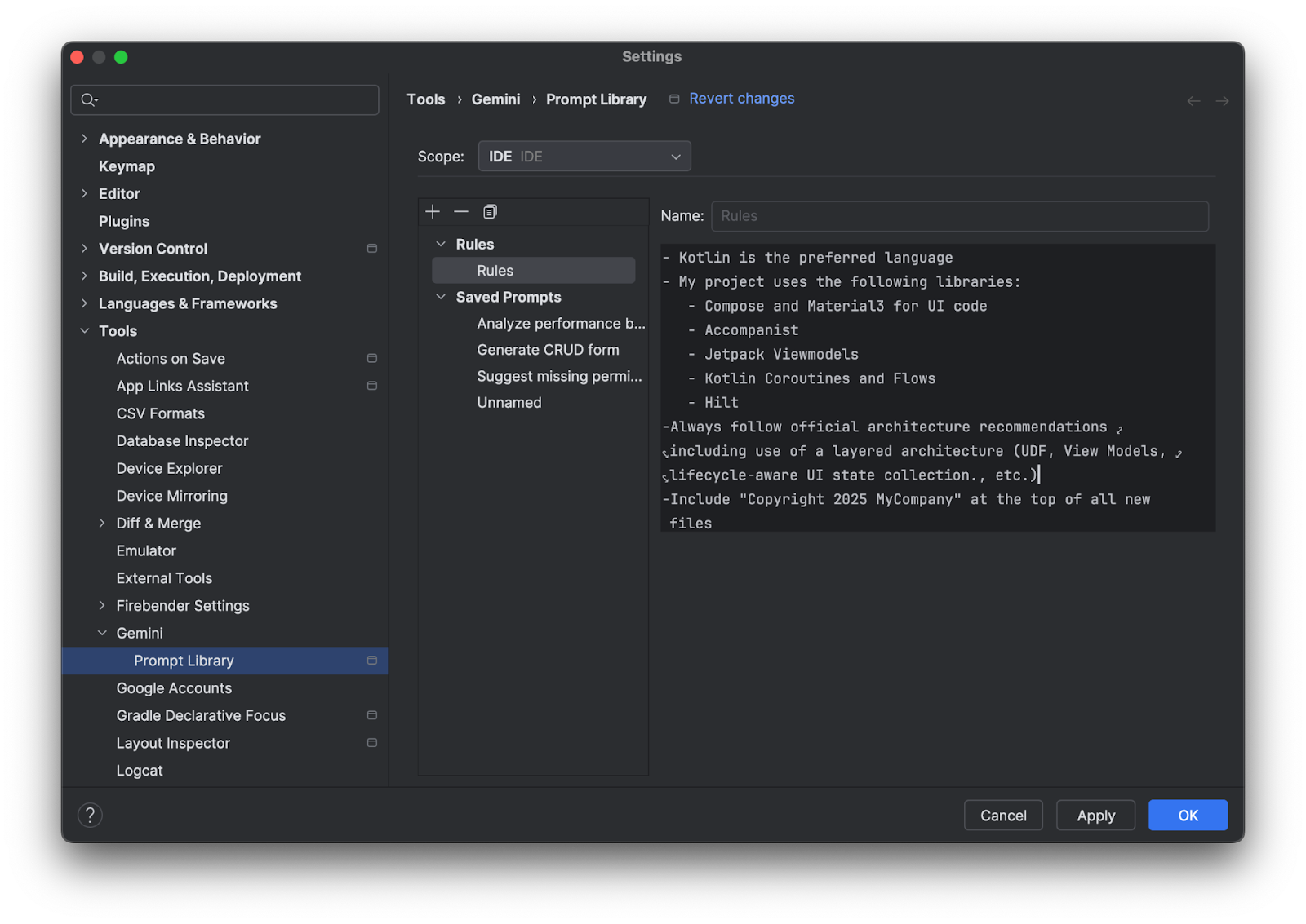 Диалоговое окно настроек Android Studio, в котором отображается редактор правил в разделе Gemini > Prompt Library