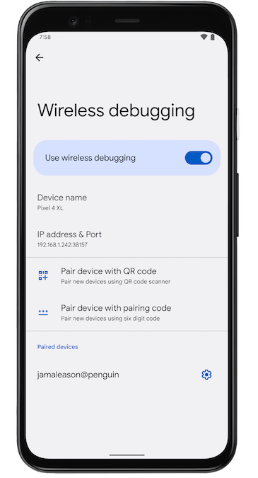 Capture d'écran d'un téléphone Pixel affichant le paramètre système "Wireless debugging" (Débogage sans fil)