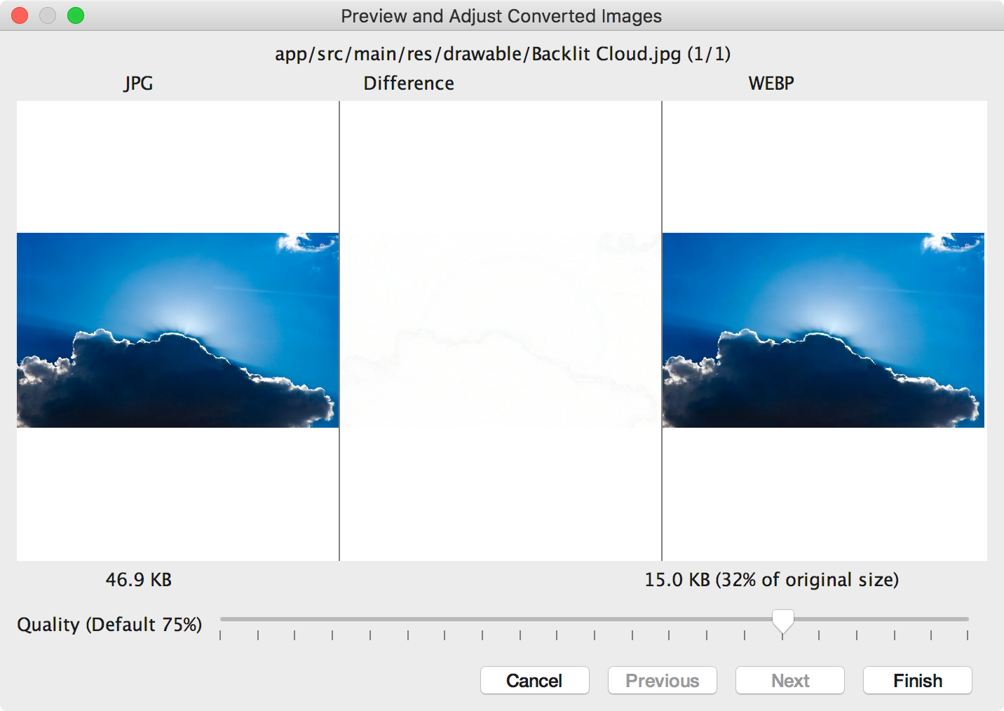 Conversión de un formato JPG a WebP con un 75% de calidad
