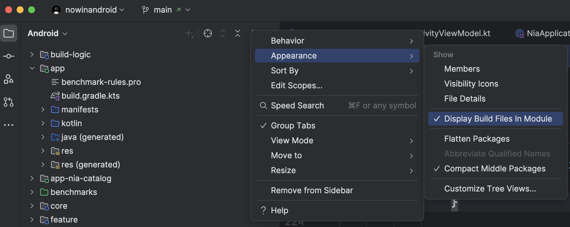 Vue Android : fichiers de compilation dans le module