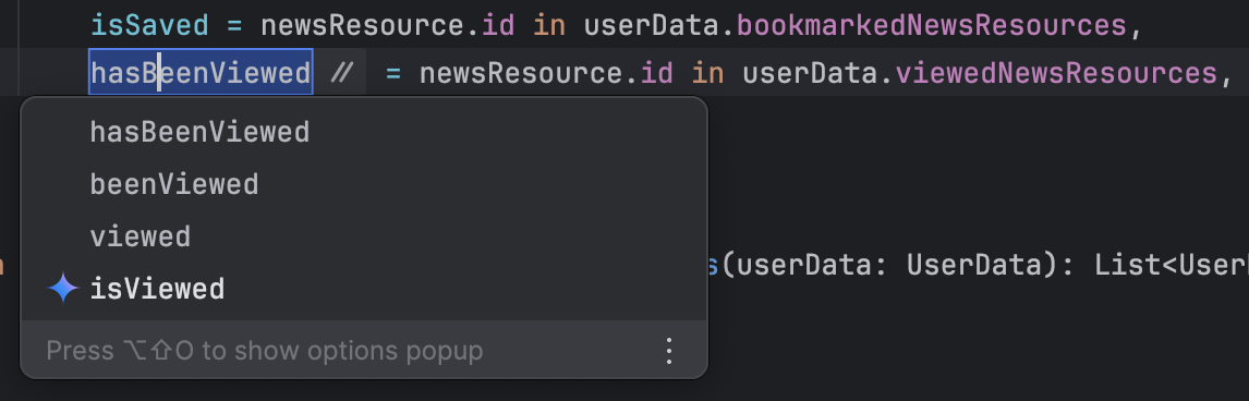 Action de refactoring "Renommer" de l'éditeur de code affichant des suggestions de noms.