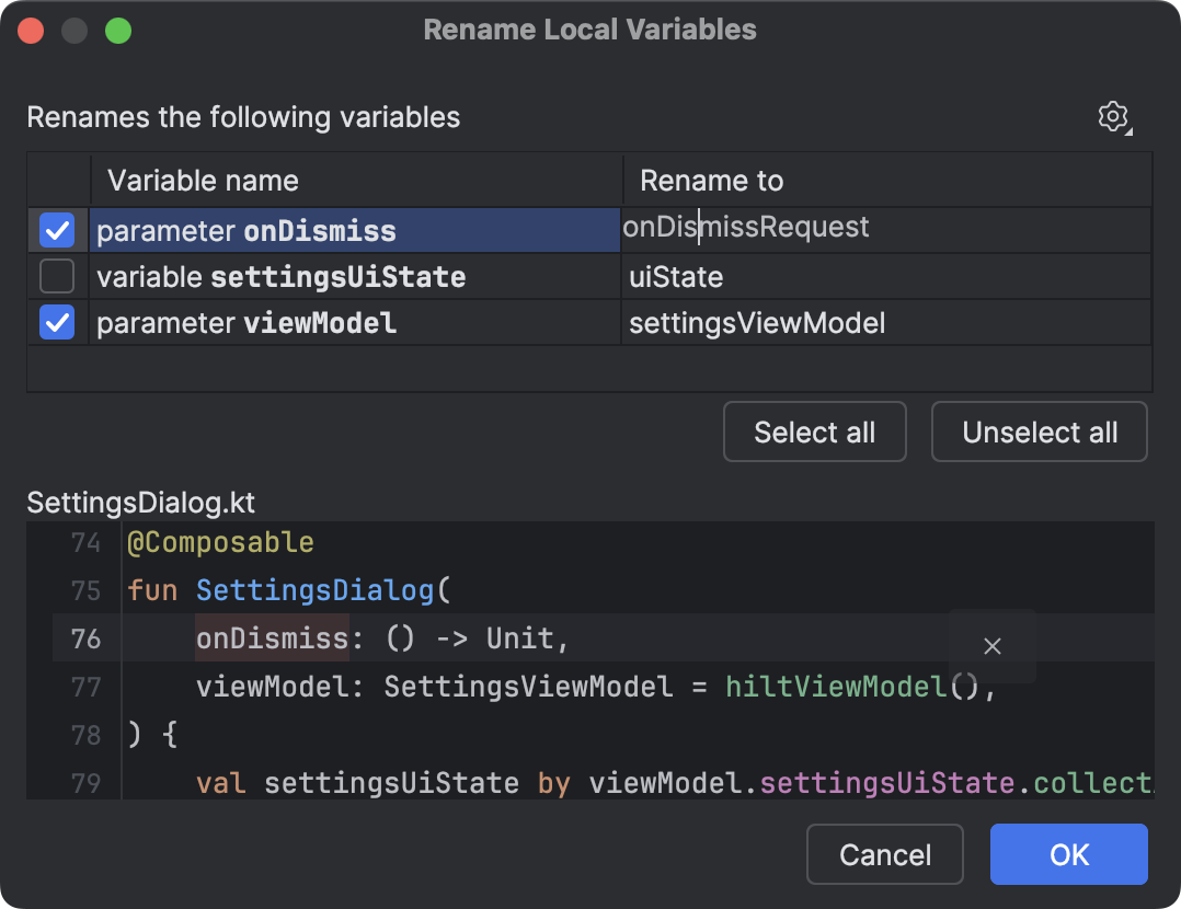 代替名の候補が表示された [Rename Local Variables] ダイアログ。
