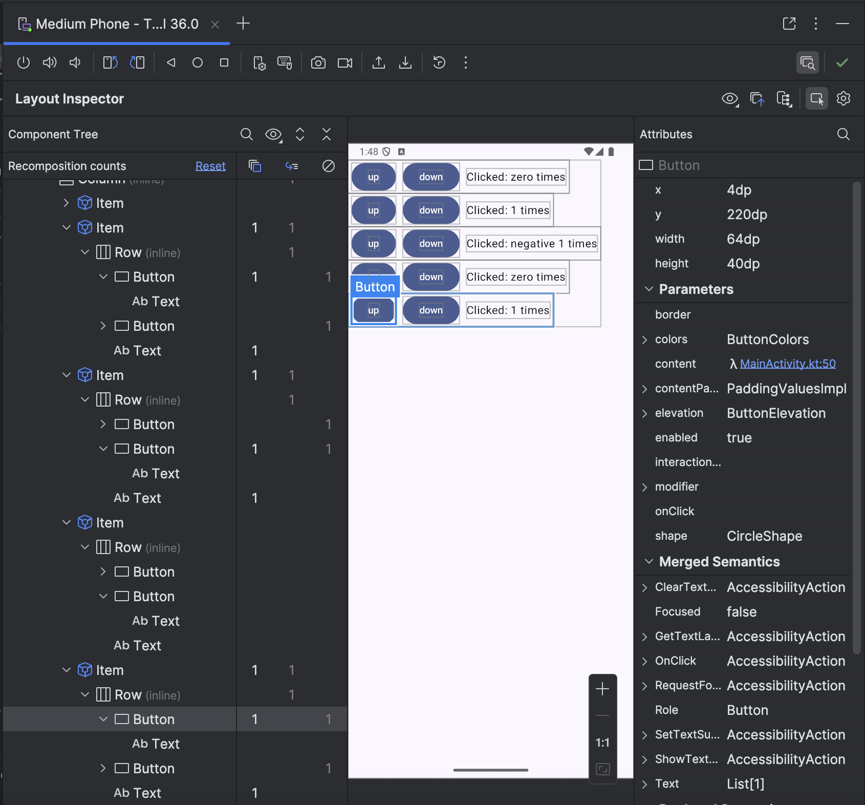 Layout Inspector hỗ trợ Số lần kết hợp lại thành phần con