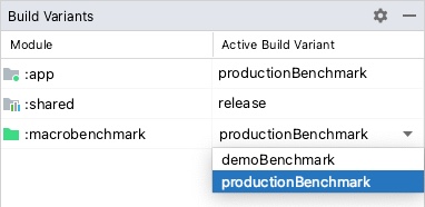 Benchmark-Varianten für Projekt mit Produktvarianten, in denen „productionBenchmark“ und „release“ ausgewählt sind