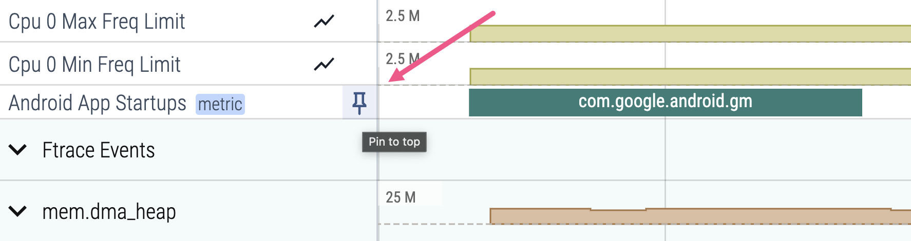 「Android App Startups」列,其中醒目顯示固定選項。