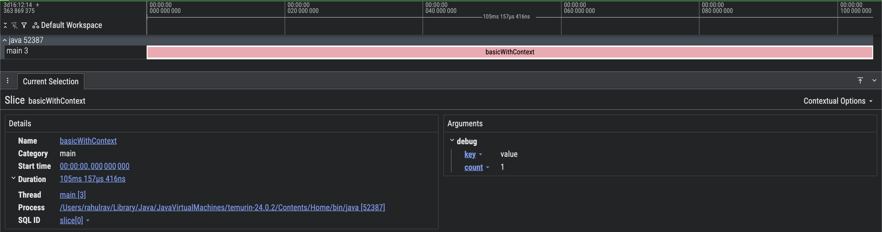 추가 메타데이터가 포함된 기본 Perfetto 트레이스의 화면 캡처
