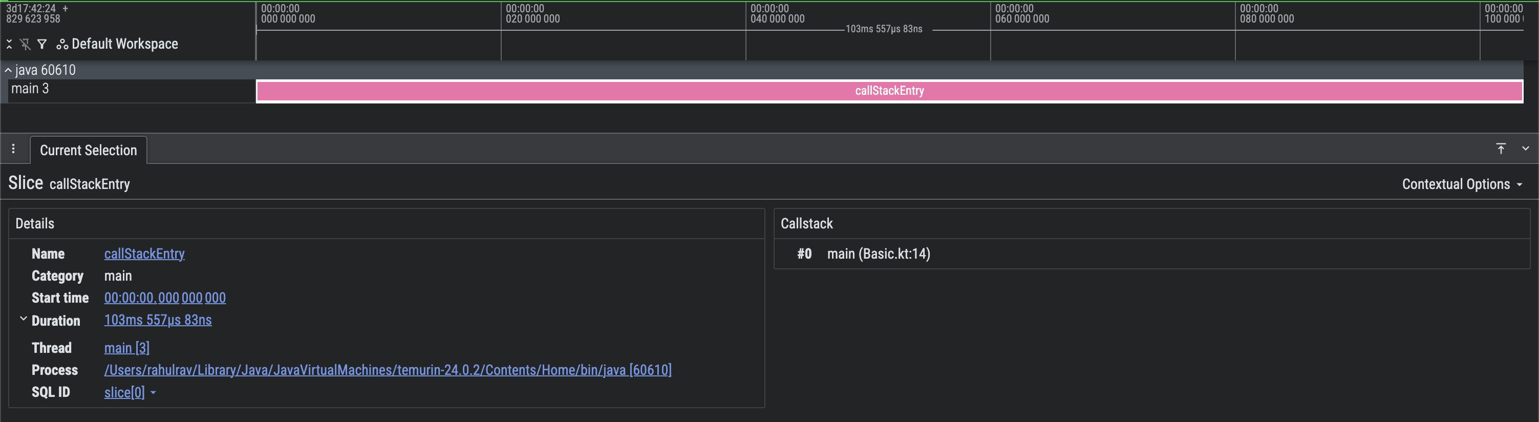 Capture d'écran d'une trace Perfetto avec des informations sur la pile d'appels